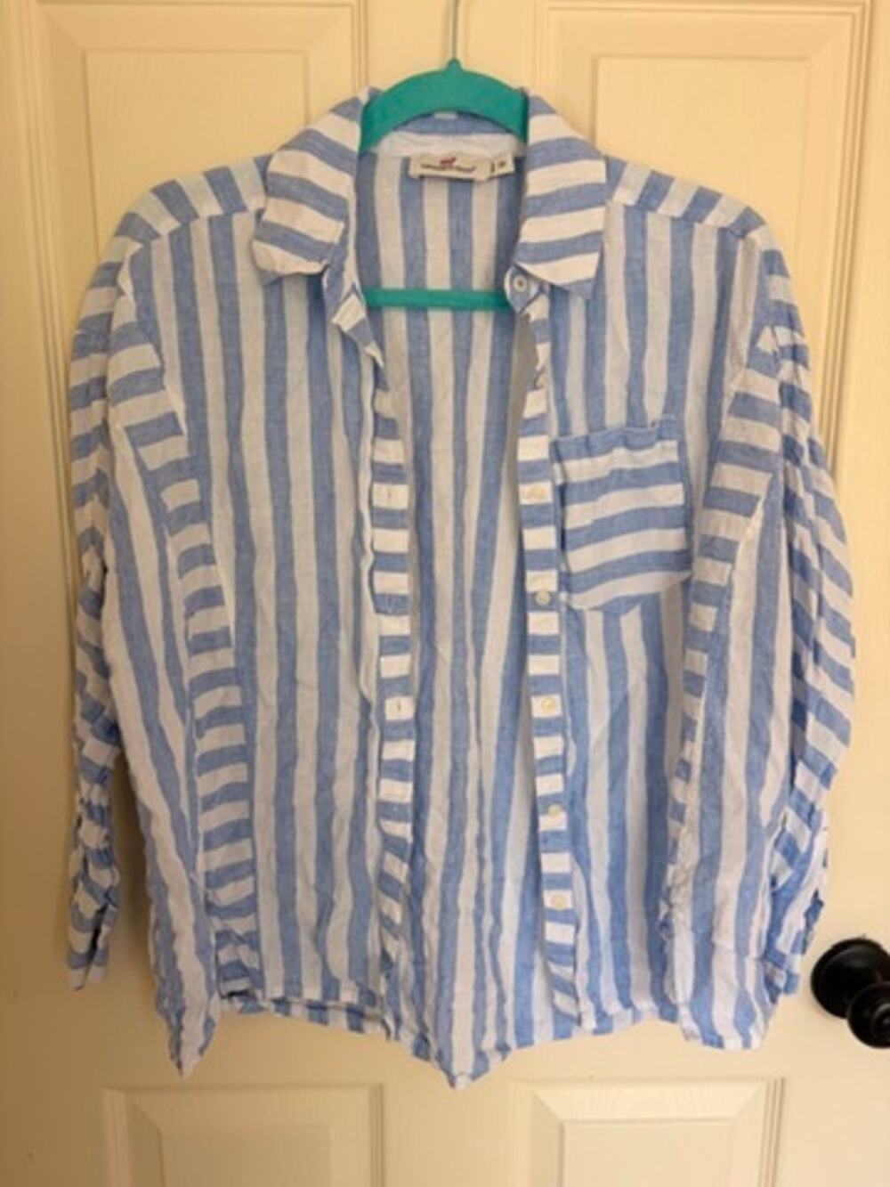 Vineyard Vines Linen Blue White Stripe Button Down Shirt Top